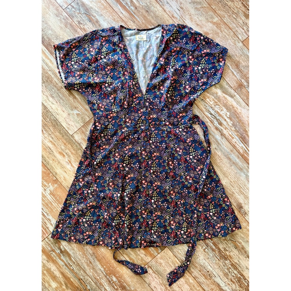 Marine Layer Camila Dress Womens M Navy Floral Button Front Tie Waist Mini